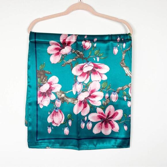 2/$24 NEW Teal Blue Aqua Floral Pink Flower Printed Silky Fashion Scarf - Picture 3 of 11